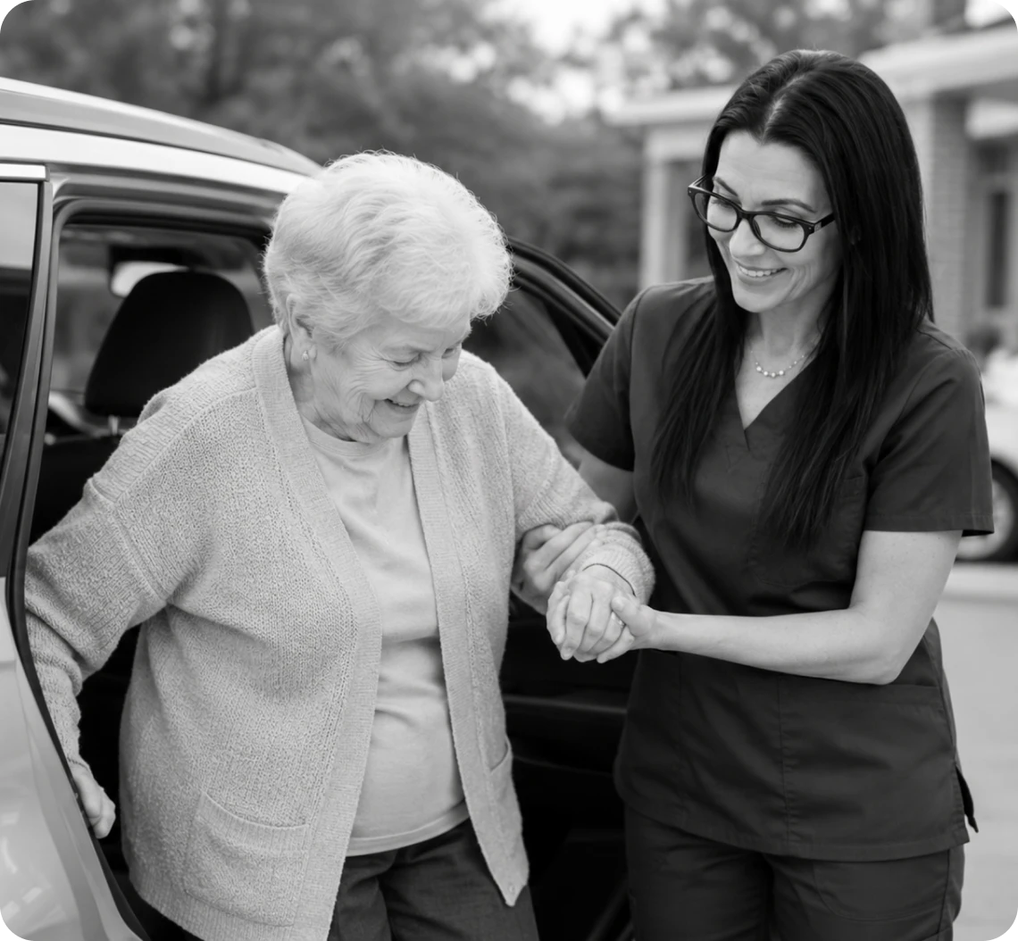 Caregiver helping senior exit vehicle