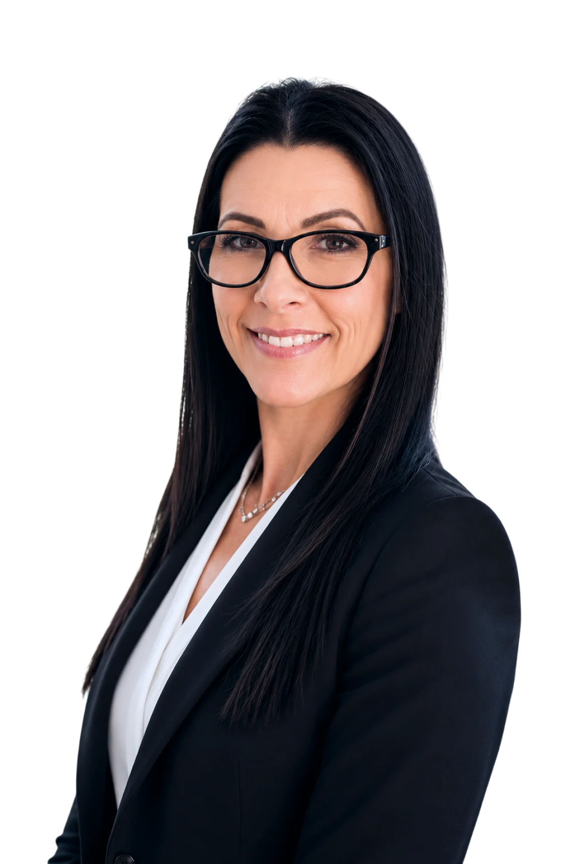 Confident woman with long black hair